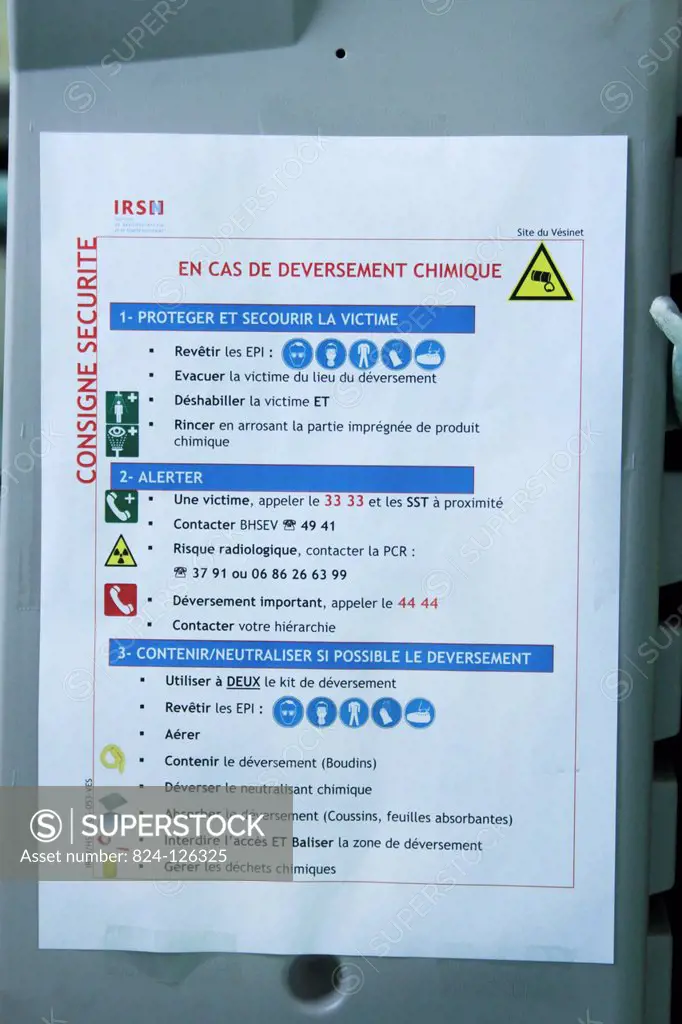 Reportage at the IRSN (the French public expert in nuclear and radiological risks) in Vésinet, France. Safety instructions in case of chemical substan...