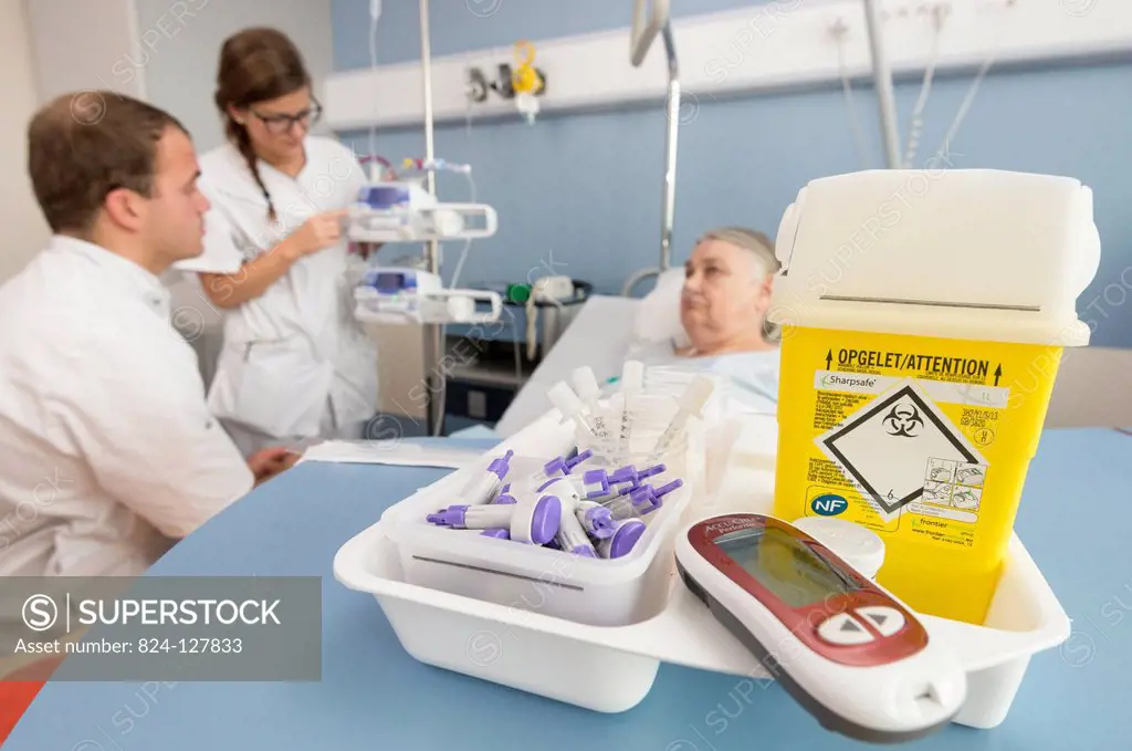 Reportage in the multidisciplinary care service in Saint-Vincent de Paul hospital in Lille, France. Material for testing for blood sugar levels (gluco...