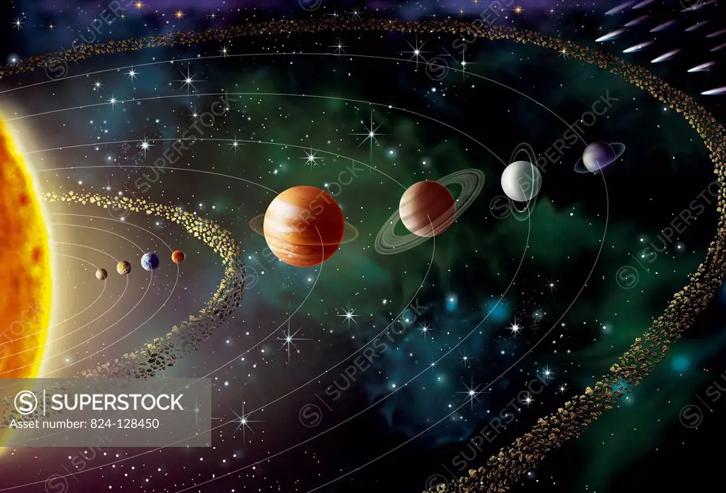 Illustration of the solar system, including its eight planets and the sun: Mercury, Venus, the Earth, Mars, asteroide belt, Jupiter, Saturn, Uranus, N...