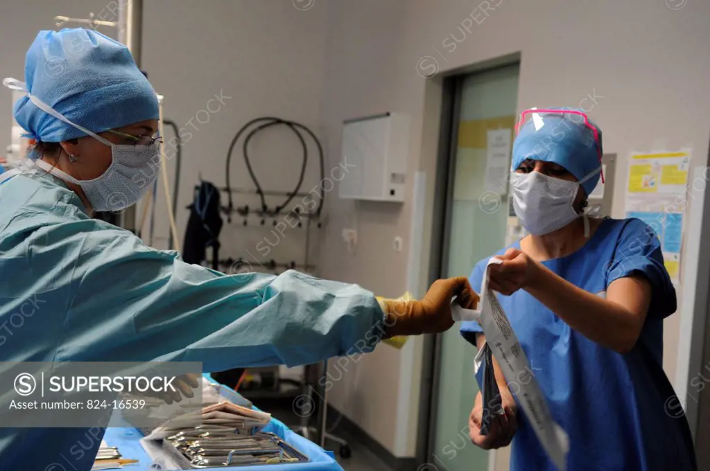 Photo essay at Lyon hospital. Department of urology. Surgical treatment of erectile dysfunction with a penile prosthesis. Preparation of the prosthesi...
