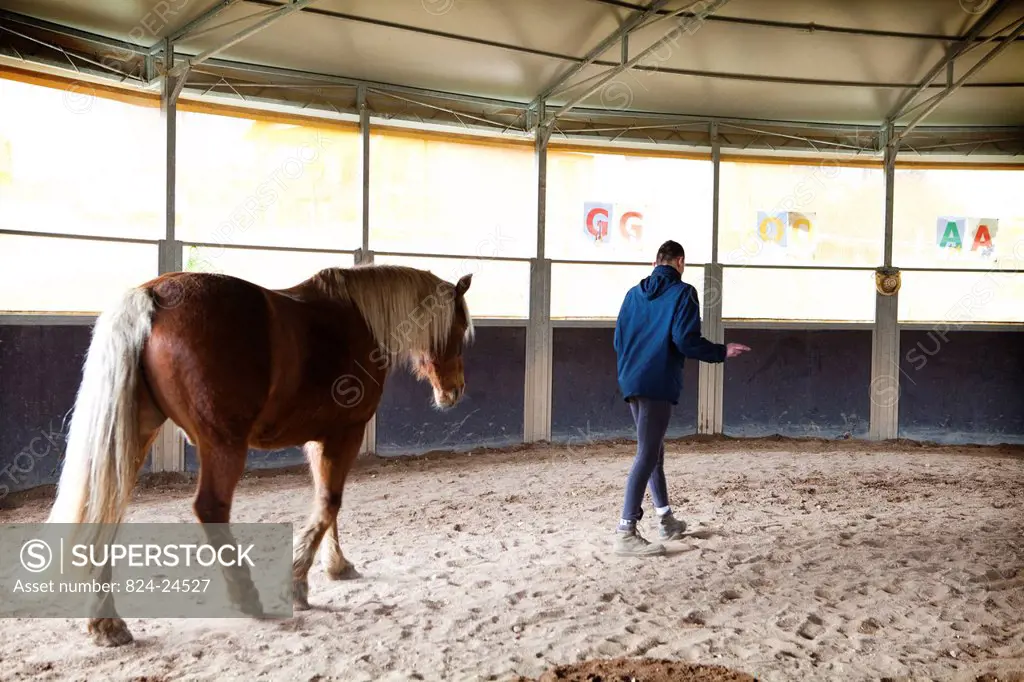 Photo essay at EQUISENS, a therapeutic riding centre in Asniere_les_Dijon France. Hippotherapy session with a young autistic man.