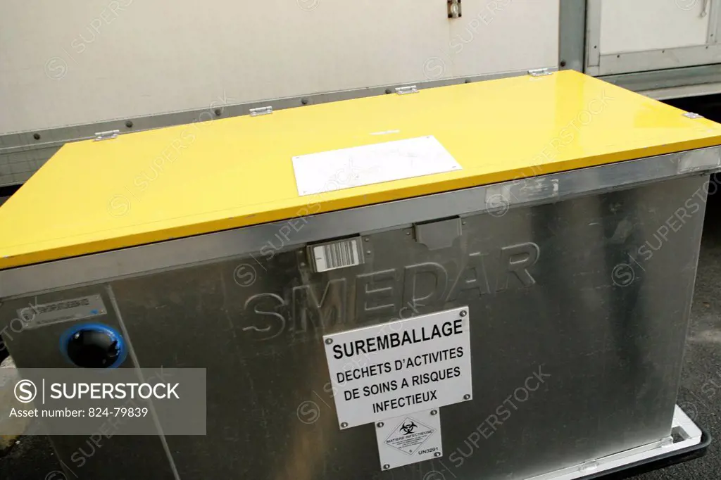Photo essay at Rouen hospital, France. Yellow bins containing medical wastes.