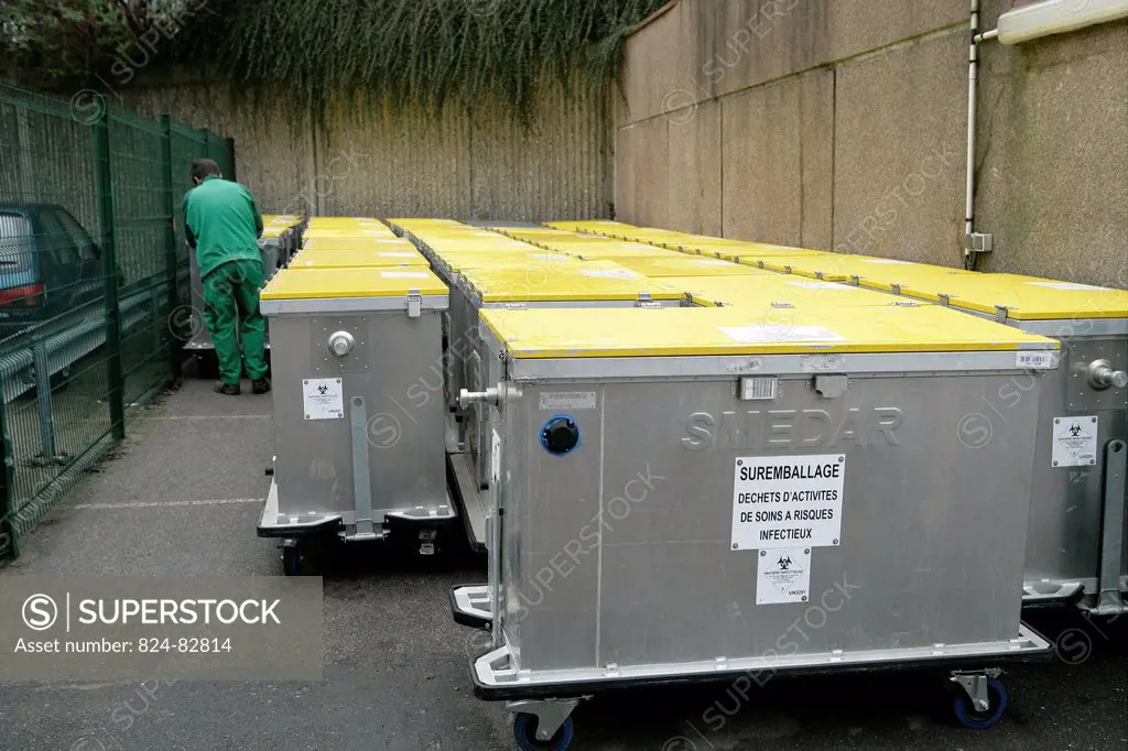 Photo essay at Rouen hospital, France. Collection of yellow bins, containing medical wastes.