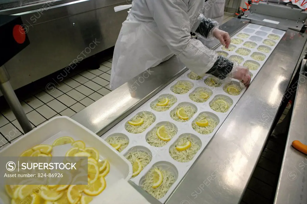 Production line of meals for Rouen hospitals, France.