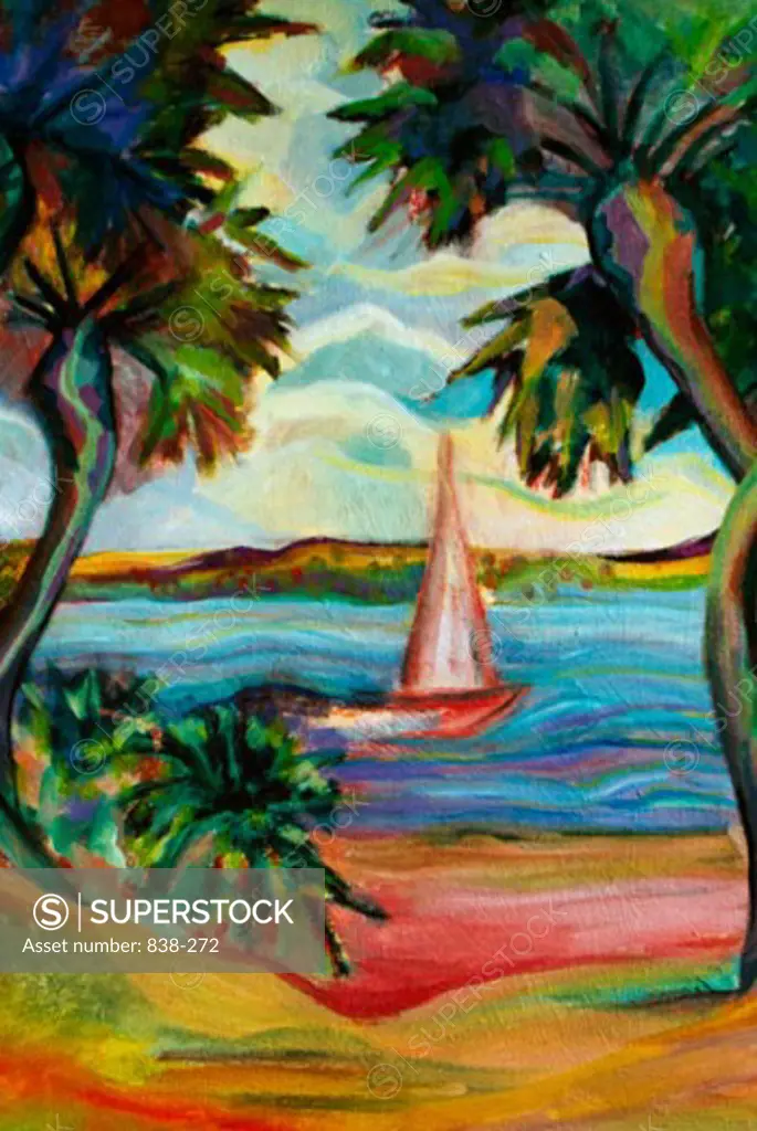 Colorful Palms with Sailboat 2001 Hyacinth Manning (b.1954 African-American) Acrylic on Canvas