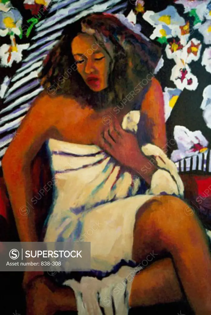 Female with White Robe-Seated 2000 Hyacinth Manning (b.1954 African-American) Acrylic on Canvas