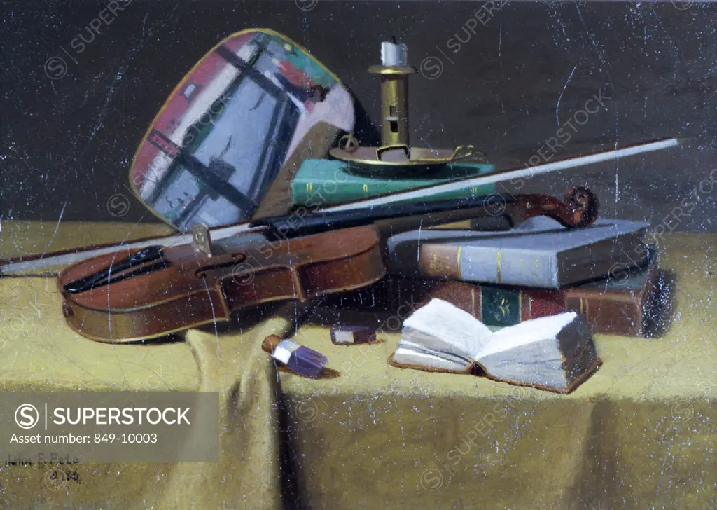 Violin and Books by John Frederick Peto,  1880,  oil on canvas,  (1854-1907),  USA,  Pennsylvania,  Philadelphia,  David David Gallery