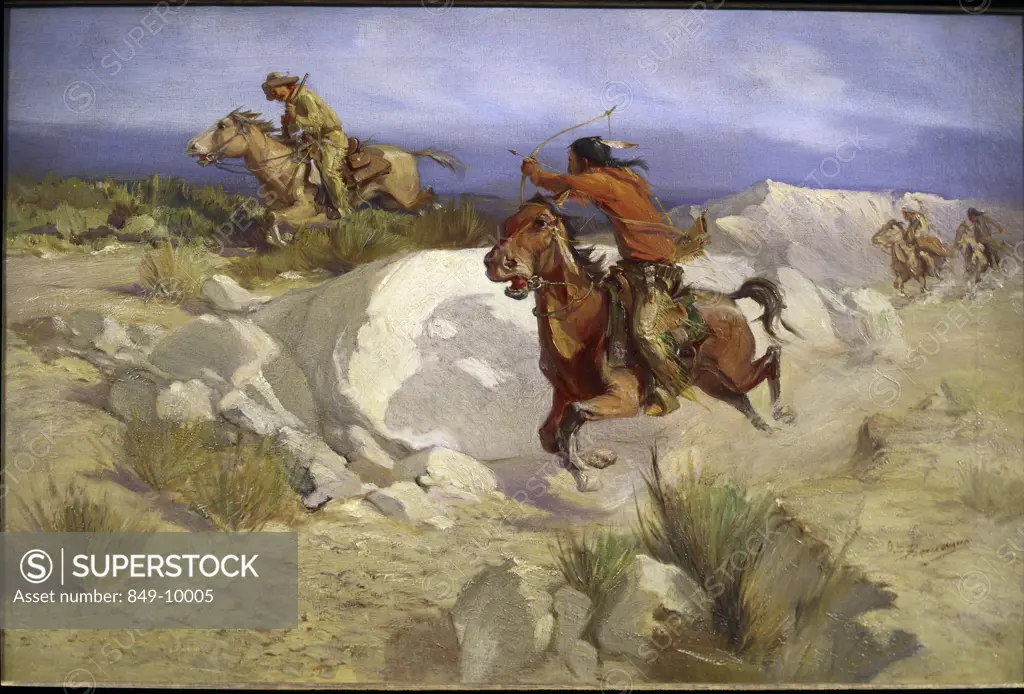 Pony Express Rider under Attack by Indians by Oscar Edward Berninghaus, oil on canvas, 1874-1952, USA, Pennsylvania, Philadelphia, David David Gallery