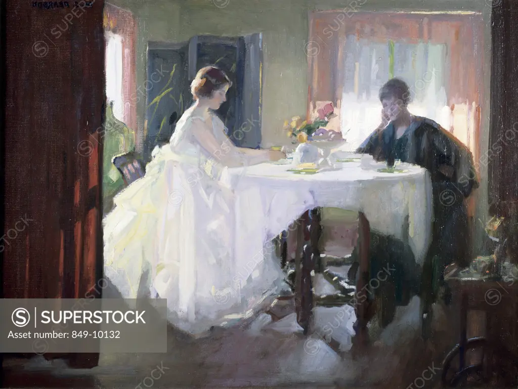 Two women sitting by table in sunny room,  USA,  Pennsylvania,  Philadelphia,  David David Gallery