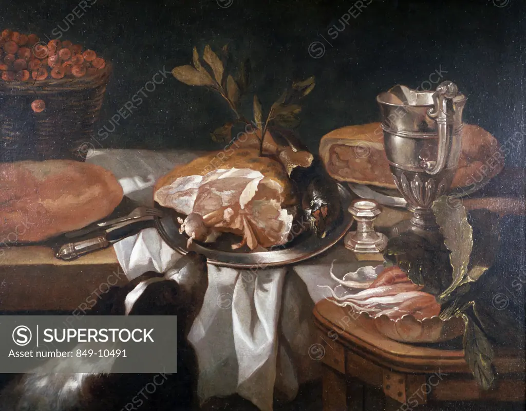 Still life with meat plate and dog,  oil painting,  17th century