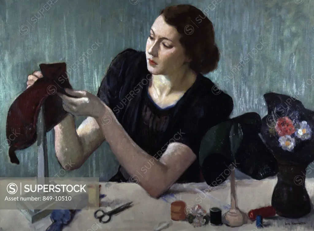The Hatmaker by Louis Kronberg,  oil painting,  1937,  (1872-1965),  USA,  Pennsylvania,  Philadelphia,  David David Gallery