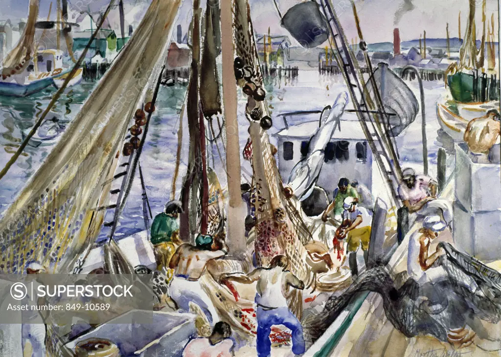 Unloading the Catch by Martha Walter, watercolor, 1930, 1875-1976, USA, Pennsylvania, Philadelphia, David David Gallery