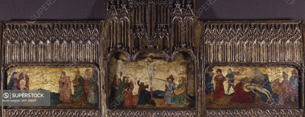 Crucifixion by unknown French artist,  triptych,  oil on wood,  17th century,  USA,  Pennsylvania,  Philadelphia,  David David Gallery
