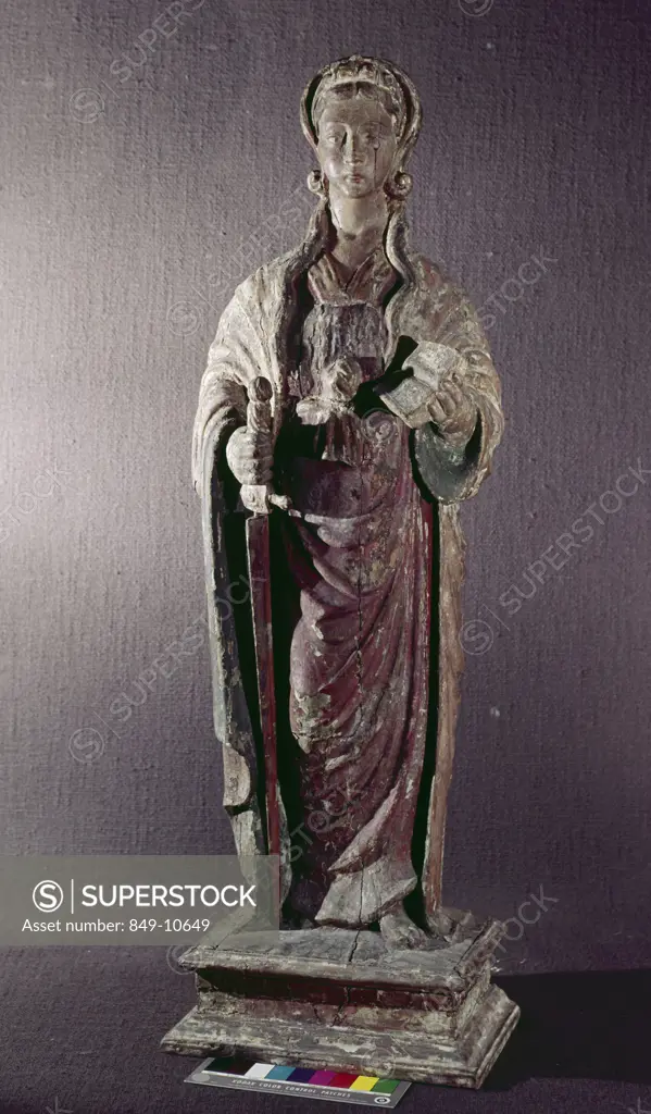 Female Saint by unknown French artist,  sculpture,  polychromed wood,  17th century,  USA,  Pennsylvania,  Philadelphia,  David David Gallery