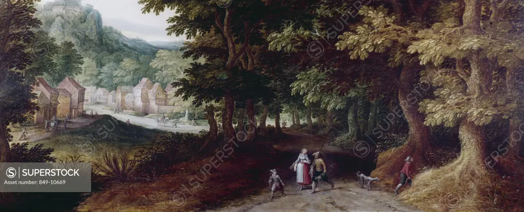 To the Village by unknown Flemish artist,  oil on wood,  17th century,  USA,  Pennsylvania,  Philadelphia,  David David Gallery