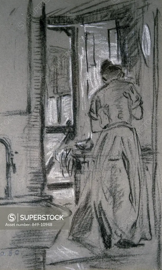 Rear view of woman in house,  drawing