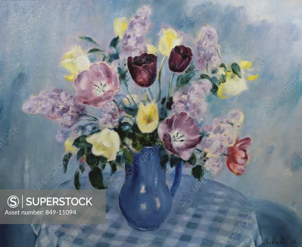 Tulips in Blue Pitcher by Martha Walter, oil on canvas, 1875-1976, USA, Pennsylvania, Philadelphia, David David Gallery
