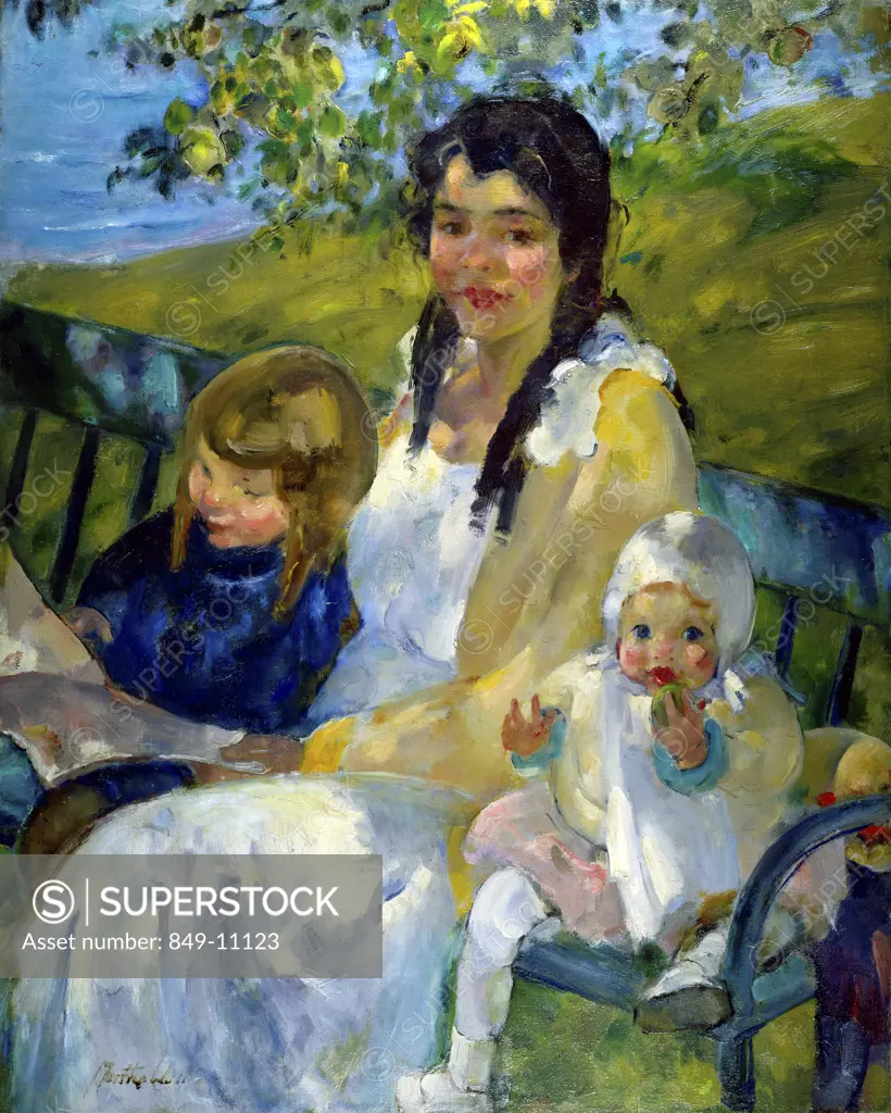 Reading on the Sunlit Bench by Martha Walter, oil on canvas, 1917, 1875-1976, USA, Pennsylvania, Philadelphia, David David Gallery