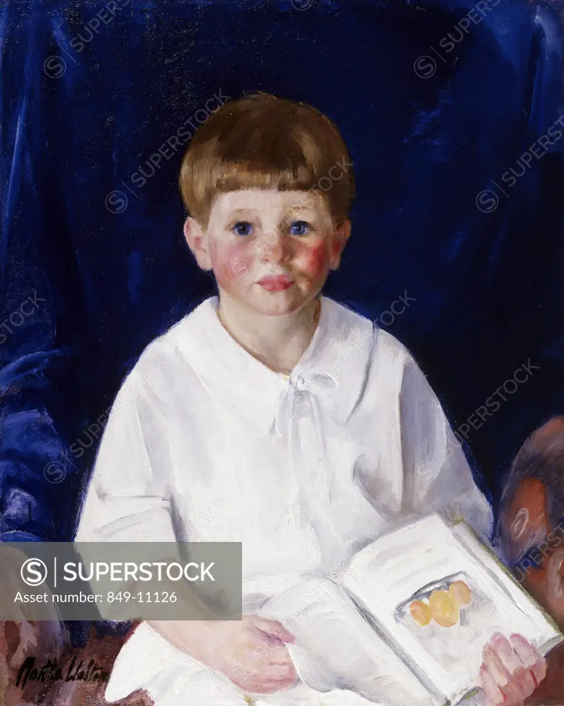 Young Boy in White Reading Book by Martha Walter, oil on canvas, 1918, 1875-1976, USA, Pennsylvania, Philadelphia, David David Gallery