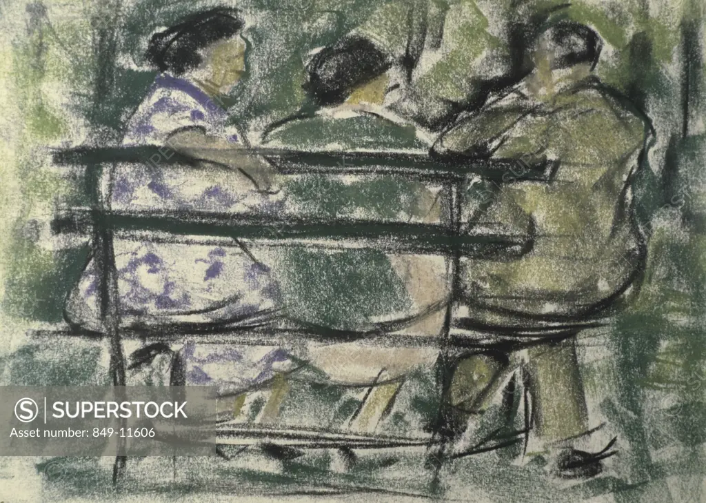 On a Park Bench,  by Ethel Ashton,  pastel on paper,  1930,  USA,  Pennsylvania,  Philadelphia,  David David Gallery