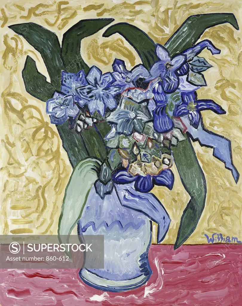 Irises on Red Table 1994 William W. Huggin (b.1966/American) Acrylic on Canvas Private Collection 