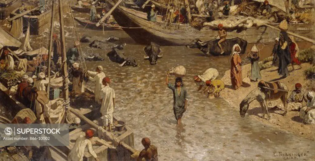 On the Nile. Edmund Berninger (1843-1929). Oil on canvas. 45 x 85cm.
