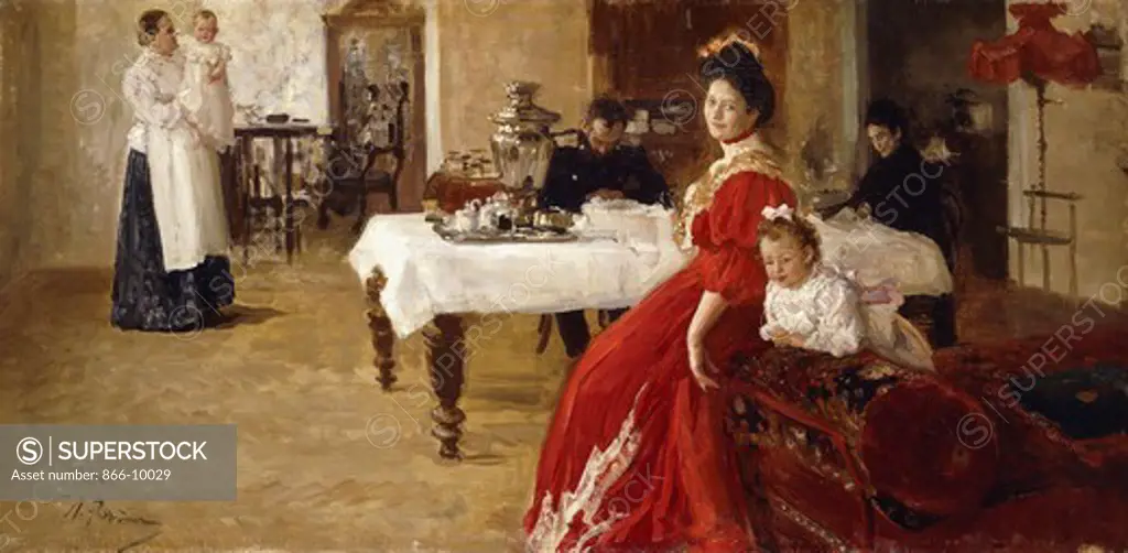 The Artist's Daughter, Tat'iana and Her Family in an Interior. Ilya Efimovich Repin (1844-1930). Oil on canvas. 87.6 x 179.7cm. The sitters are the artist's daughter Tat'iana Ilinichna with her husband, Nikolai Gennadievich Iazev, and their two daughters Liubochka, at the table, and Tassenka in the arms of a nurse. Iazev's mother is also seated at the table.