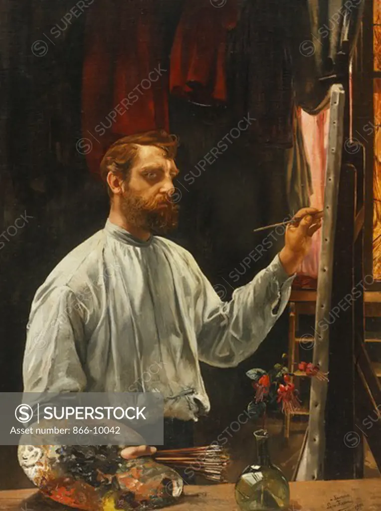 Portrait de Leon Frederic, standing half length at His Easel. Leon Henri Marie Frederic (1865-1940). Oil on canvas. Dated 1900. 120 x 90cm.