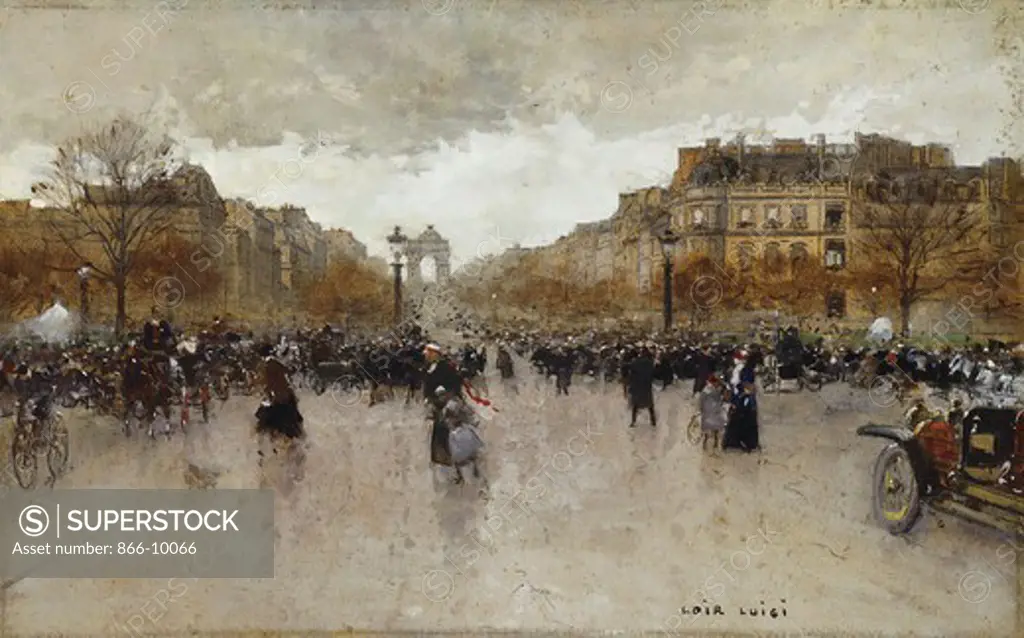 Rond Point des Champs Elysees, Paris. Luigi Loir (1845-1916). Pen and black ink, watercolour and bodycolour. 30.5 x 48cm.