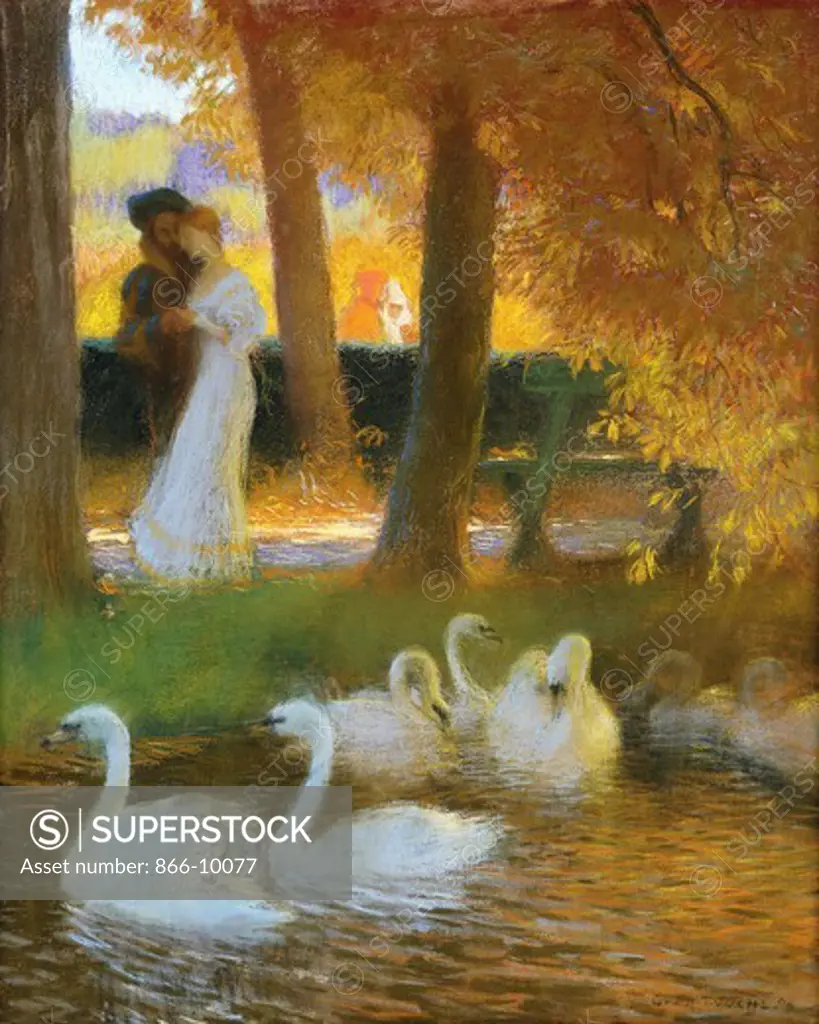 Lovers and Swans; The Autumn Walk; Les Amants et les Cygnes; La Promenade d'Automne. Gaston de Latouche (1854-1913). Pastel on paper. Signed and dated 1896. 74.3 x 60.3cm.