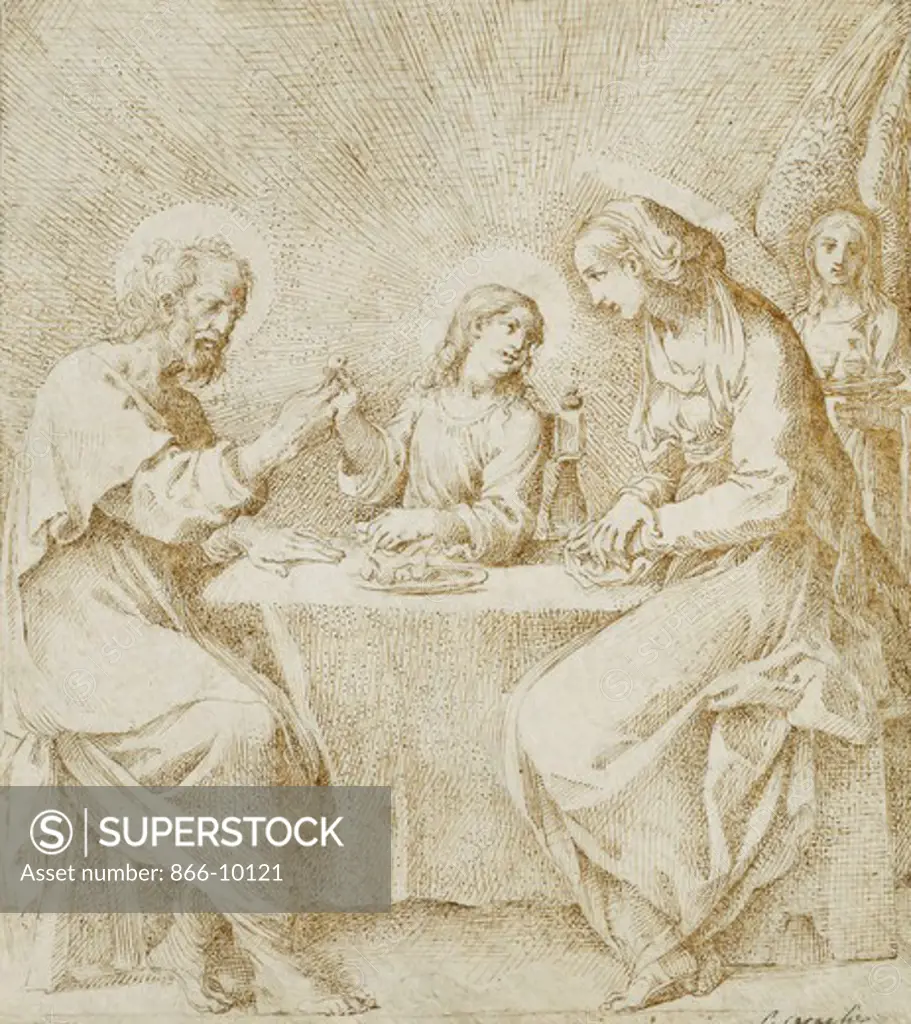 The Infant Christ, the Virgin and Saint Joseph Seated at a Table Attended by an Angel. Lodovico Carracci (1555-1619). Black chalk, pen and brown ink, on vellum. 13 x 11.5cm.