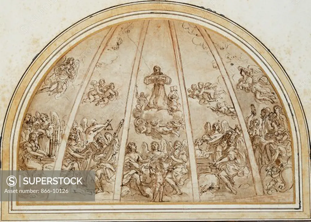 The Apotheosis of Saint Francis Surrounded by Musician Angels: Design for an Apse or Half-Dome Divided by Ribs. Giovanni Andrea Sirani (1610-1670). Red chalk, pen and brown ink, brown wash. 27 x 40.5cm.