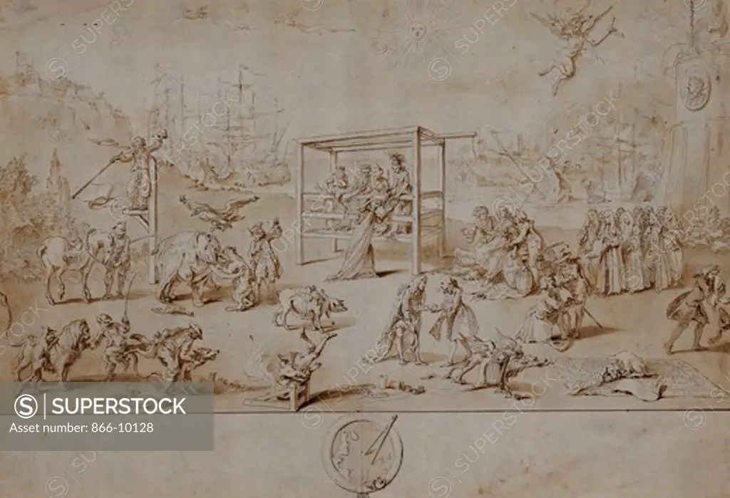 The European Race: An Allegorical Caricature on the State of Political Europe in 1738-9. Charles Mosley (ca. 1720-ca. 1770). Pencil, pen and brown ink, brown chalk, brown wash. 26.7 x 85.7cm.