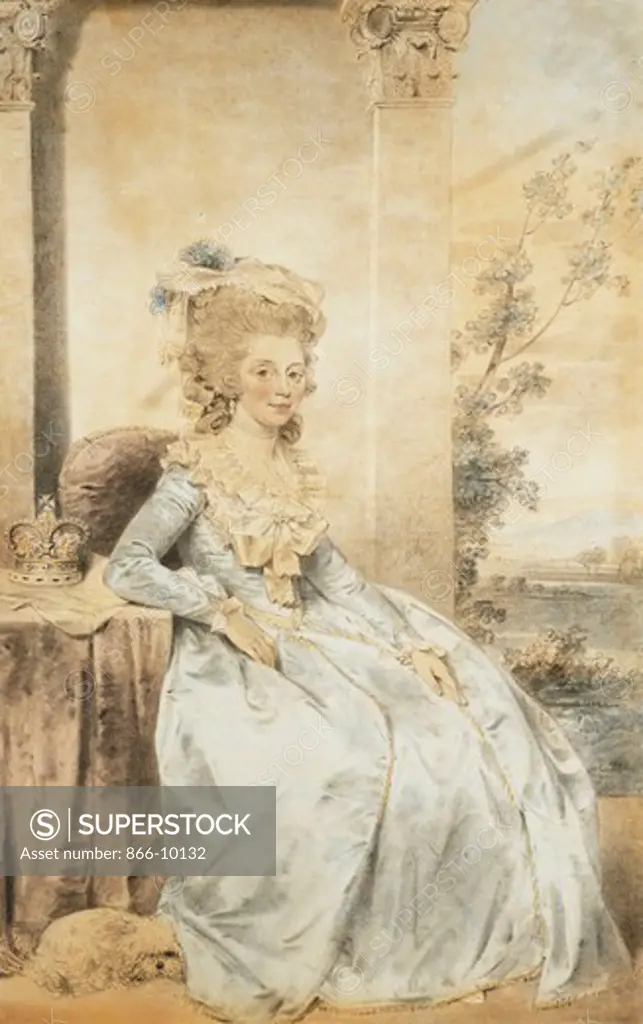 Portrait of Queen Charlotte, Seated by a Table with a Landscape Beyond. John Downman (1750-1824). Black and white chalk, stump and watercolour, paper laid on linen. Dated 1784. 52.7 x 33.7cm.