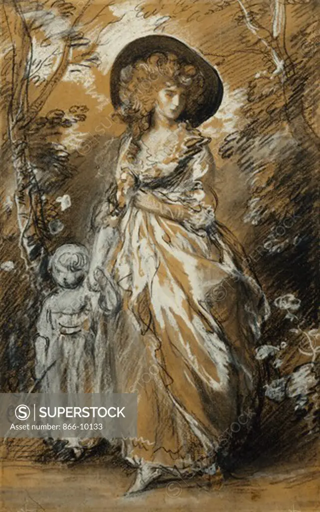 A Lady Walking in a Garden, standing full length and Holding her Small Child by the Hand; Possibly a Study for The Richmond Water-Walk. Thomas Gainsborough (1727-1788). Black chalk and stump, heightened with white (partly in oil paint) on buff paper. 50.5 x 32cm.