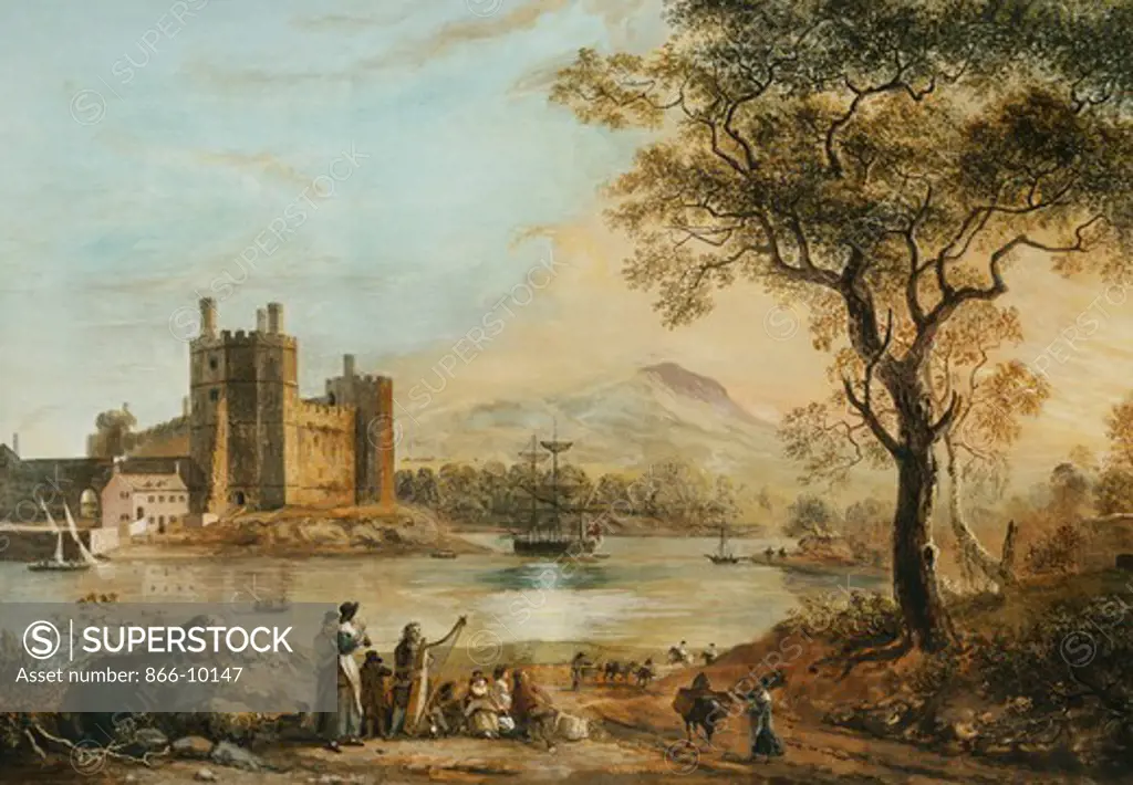 Caernarvon Castle, with a Harper in the Foreground. Paul Sandby (1725-1809). Bodycolour. 49.5 x 70.5cm.