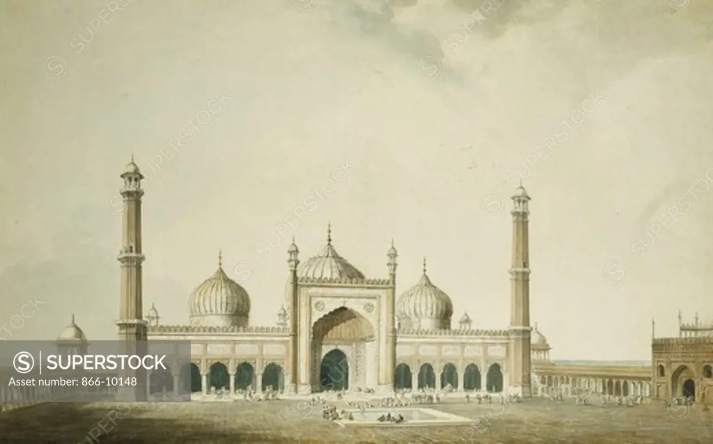 The Jama Masjid, Delhi. William Daniell (1769-1837). Pencil and watercolour. 47.3 x 75.3cm.