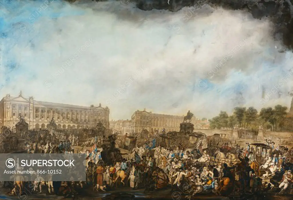 The Return of Louis XVI to Paris, 6 October 1789. Attributed to Robert Dighton the Elder (ca. 1752-1814). Pencil, pen and grey ink and watercolour. 67.3 x 98.4cm.