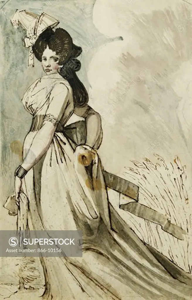 A Lady Walking. Henry Fuseli (Johann Heinrich Fussli) (1741-1825). Pencil, pen and brown ink and watercolour. 32.8 x 21.1cm.