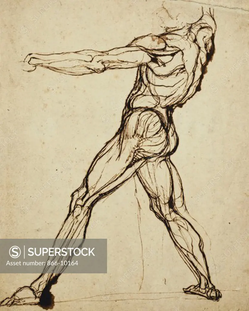 A Nude Throwing. Henry Fuseli (Johann Heinrich Fussli) (1741-1825). Pen and brown ink. 30.5 x 24.7cm.
