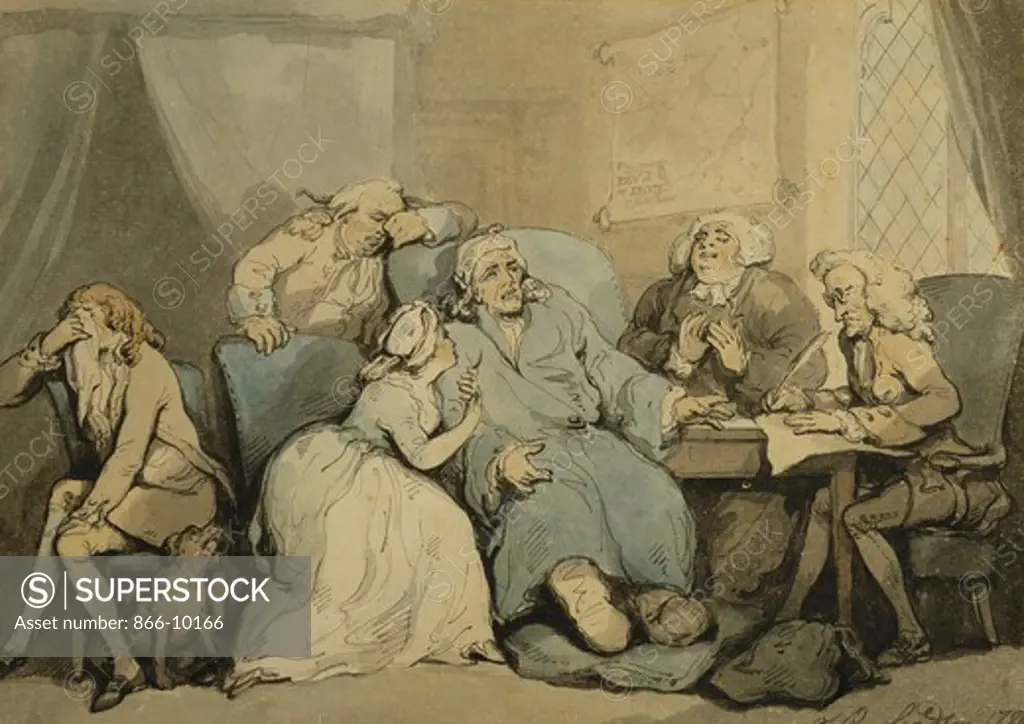 Writing the Will. Thomas Rowlandson (1756-1827). Pen and grey ink and watercolour. Dated 1786. 23 x 32cm.