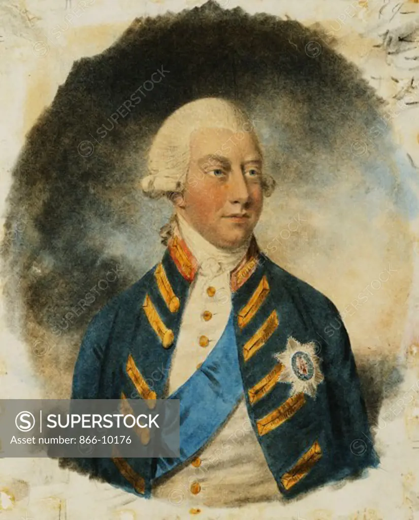 Portrait of King George III, Small Half Length, Wearing Windsor Uniform and Ribbon and Star of the Garter. John Downman (1750-1824). Pencil, watercolour and stump with touches of white heightening. Signed and dated 1787. 21.6 x 17.5cm.