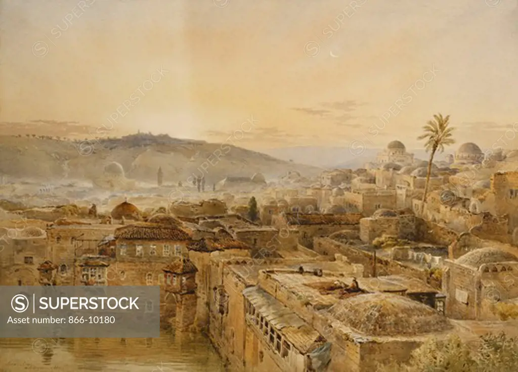 Jerusalem from Mount Zion. Nathaniel Everett Green   (active from ca. 1833, died 1899). Pencil and watercolour with touches of white heightening. Signed and dated 1884. 56.5 x 78cm.