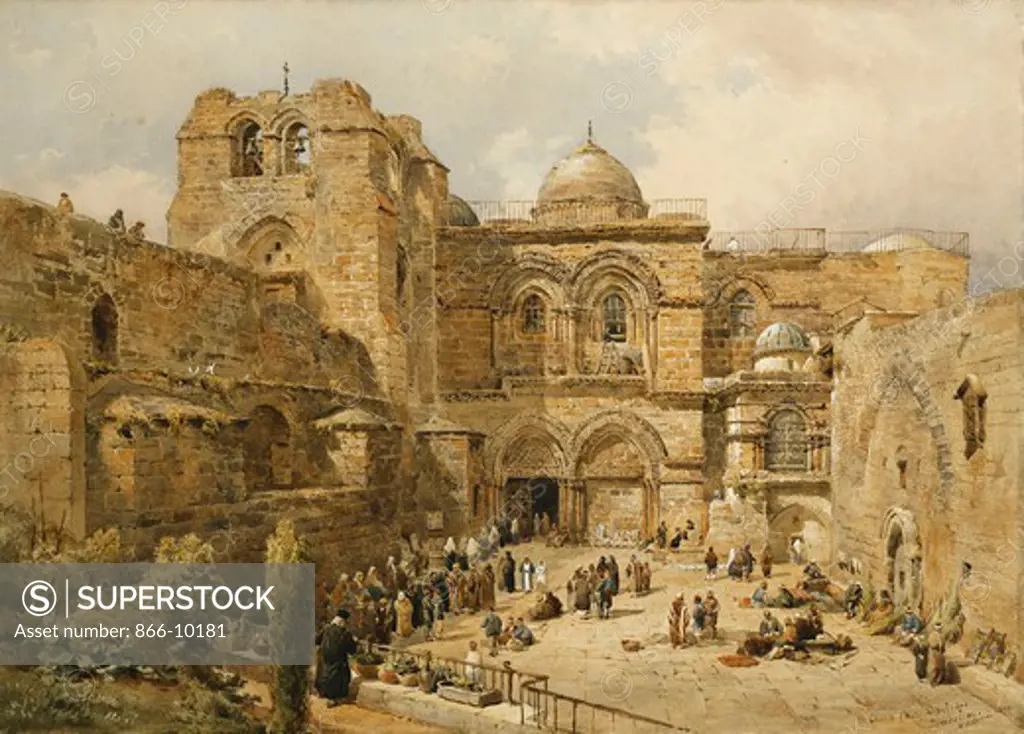 The Church of the Holy Sepulchre, Jerusalem. Nathaniel Everett Green (active from ca. 1833, died 1899). Pencil and watercolour heightened with white. Signed and dated 1884. 55.8 x 78.7cm.