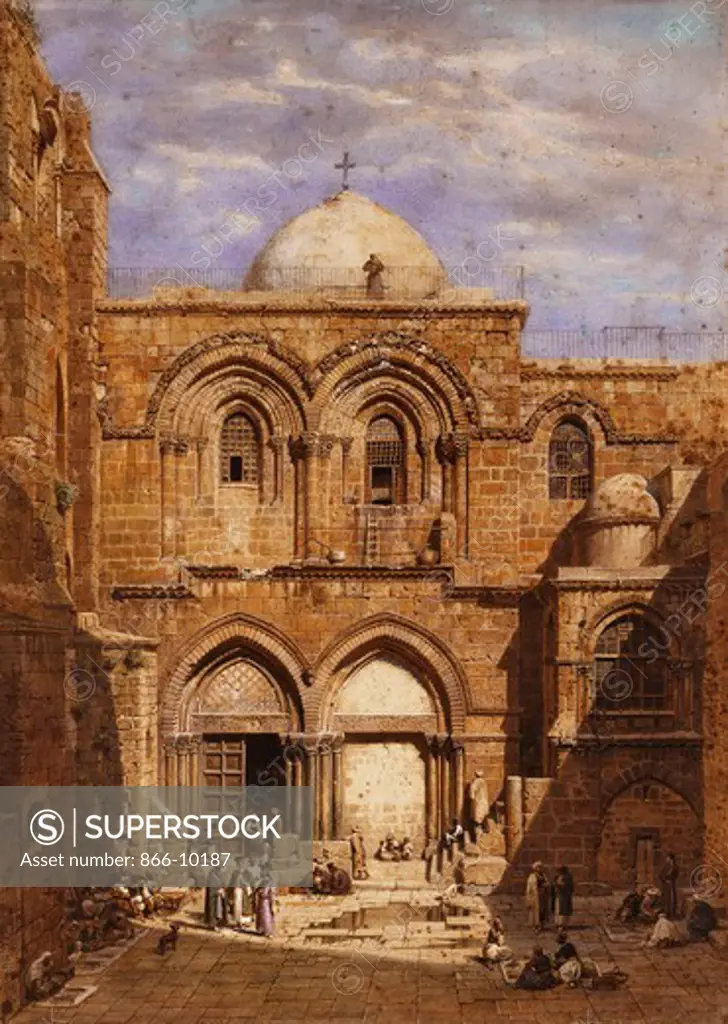 Entrance to the Church of the Holy Sepulchre, Jerusalem. Carl Friedrich Heinrich Werner (1808-1894). Watercolour heightened with white and gum arabic. Signed and dated 1862. 75 x 54cm.