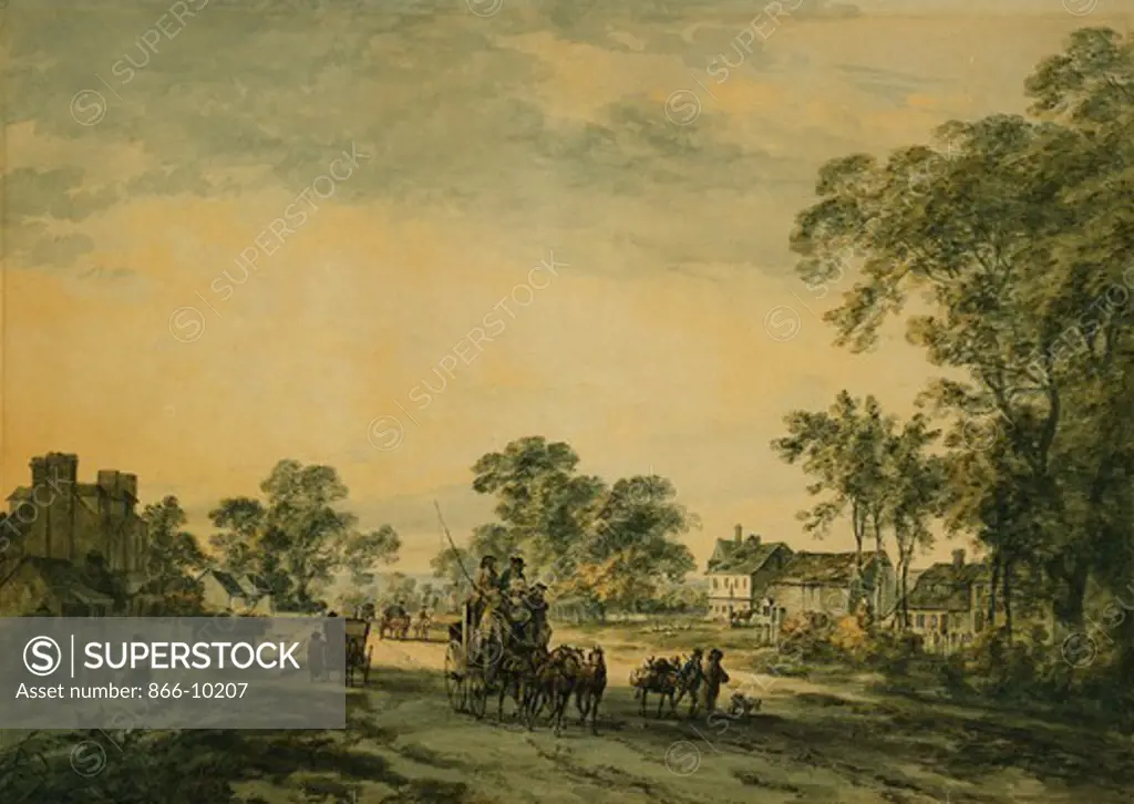 A Coach and Figures on an Open Country Road. Julius Caesar Ibbetson (1759-1817). Pencil, pen and grey ink and watercolour. 37.2 x 51.8cm. It has been suggested that this watercolour is of a scene on Edgware Road, London.