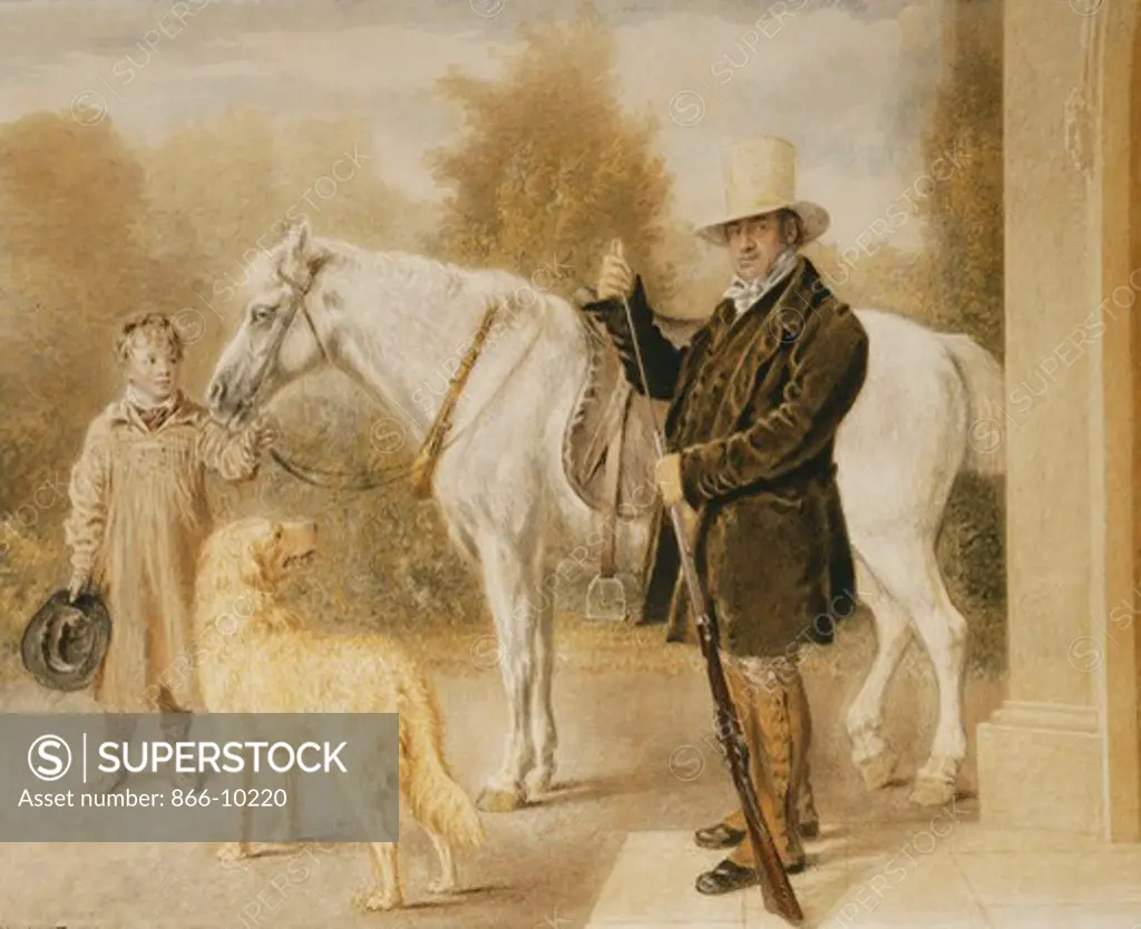 A Sportsman with a Boy, a Pony and a Dog. William Henry Hunt (1790-1864). Pencil and watercolour. Dated 1827. 45 x 55.9cm.