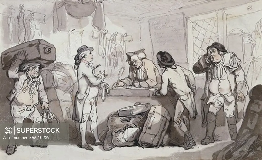 The Coach Booking Office: Thomas Rowlandson and Henry Wigstead Booking Their Passage. Thomas Rowlandson (1756-1827). Pencil, pen and ink and watercolour. 17.7 x 29.2cm. On the centre right, the artist, to his left Henry Wigstead.