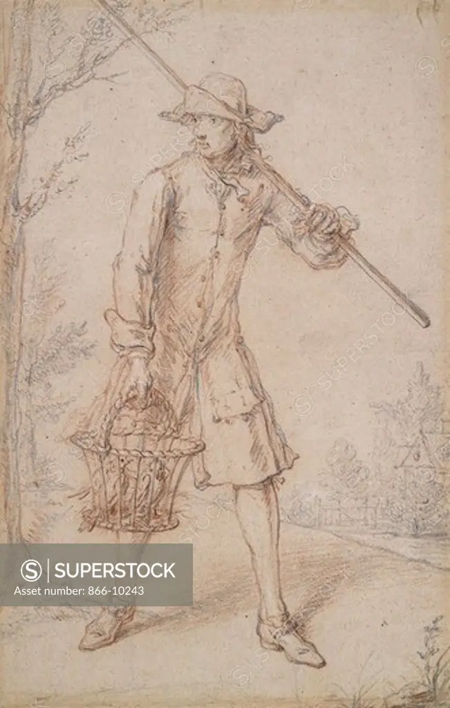 A Birdcatcher. Marcellus Laroon the Elder (1653-1702). Pencil, red and white chalk on buff paper. 31.6 x 20.3cm.