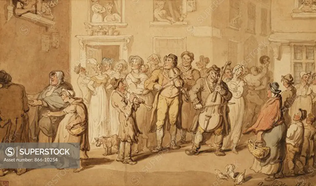 Street Musicians. Thomas Rowlandson (1756-1827). Pen and ink and watercolour. Dated 1823. 15.2 x 25.4cm.